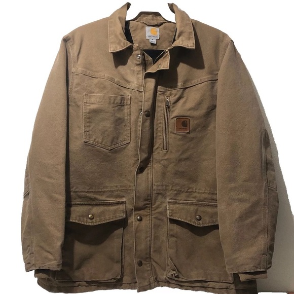 Carhartt Jacket Men M Khaki Cotton Fully Lined Zipped Cuffed Windbreaker Worker - Picture 1 of 11